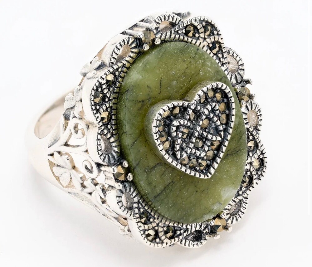 Connemara Marble Sterling Silver Marcasite Accents Celtic Heart Ring Sz 7